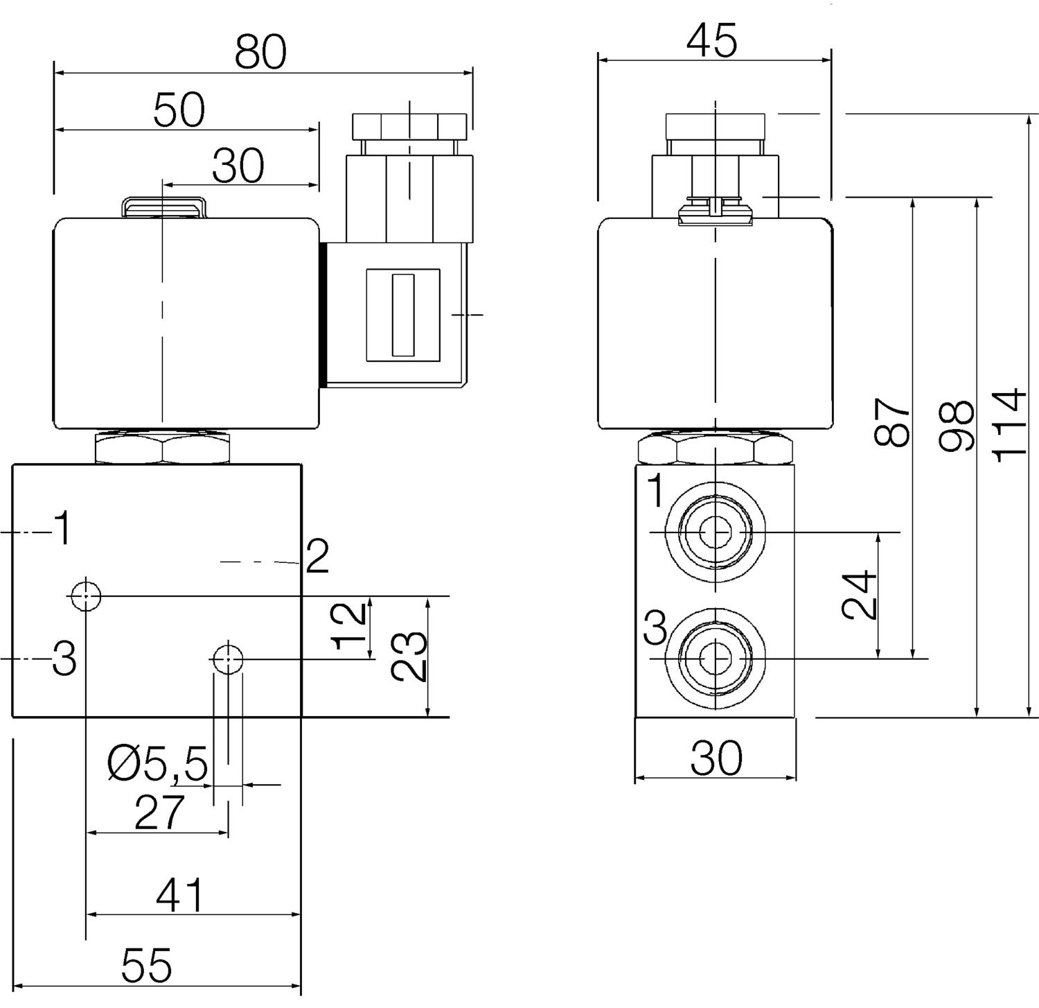 3/2 Acting direct 1/4"-dimension drawing