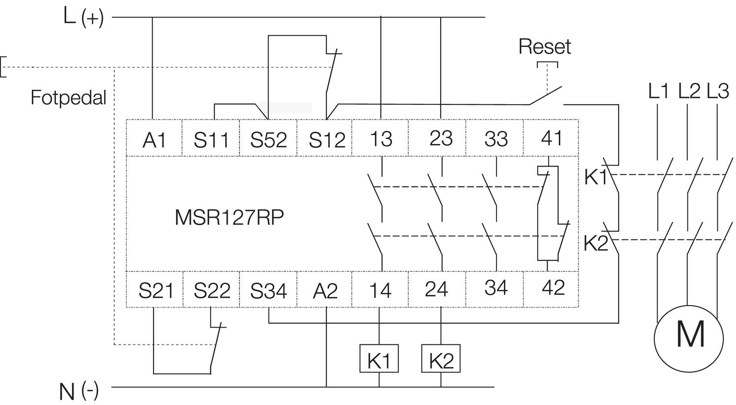 Connection of footswitch to relay MSR127RP with manual reset