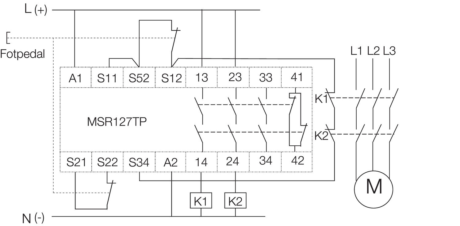 Connection of footswitch to relay MSR127TP. Manual reset