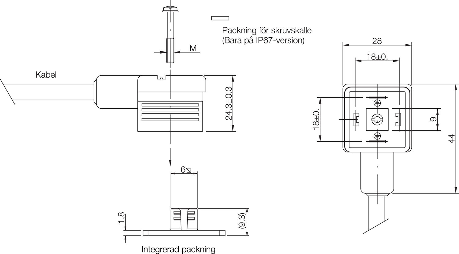 Embedded cable - Wide contact with integrated gasket and screw, size 
