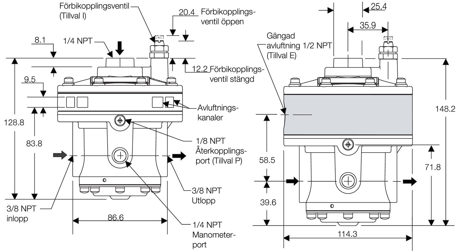 Pneumatic volume boosters series 4500A high flux, dimension drawing
