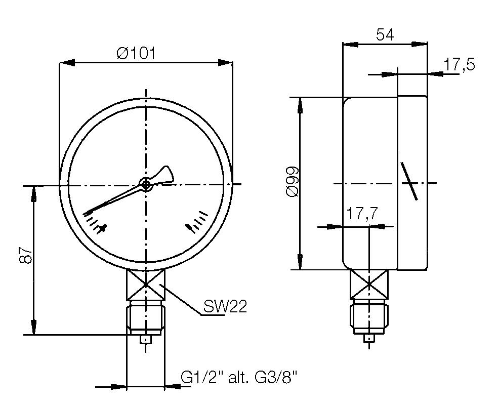 Pressure gauge, acidproof, Ø100 mm. Model 2324