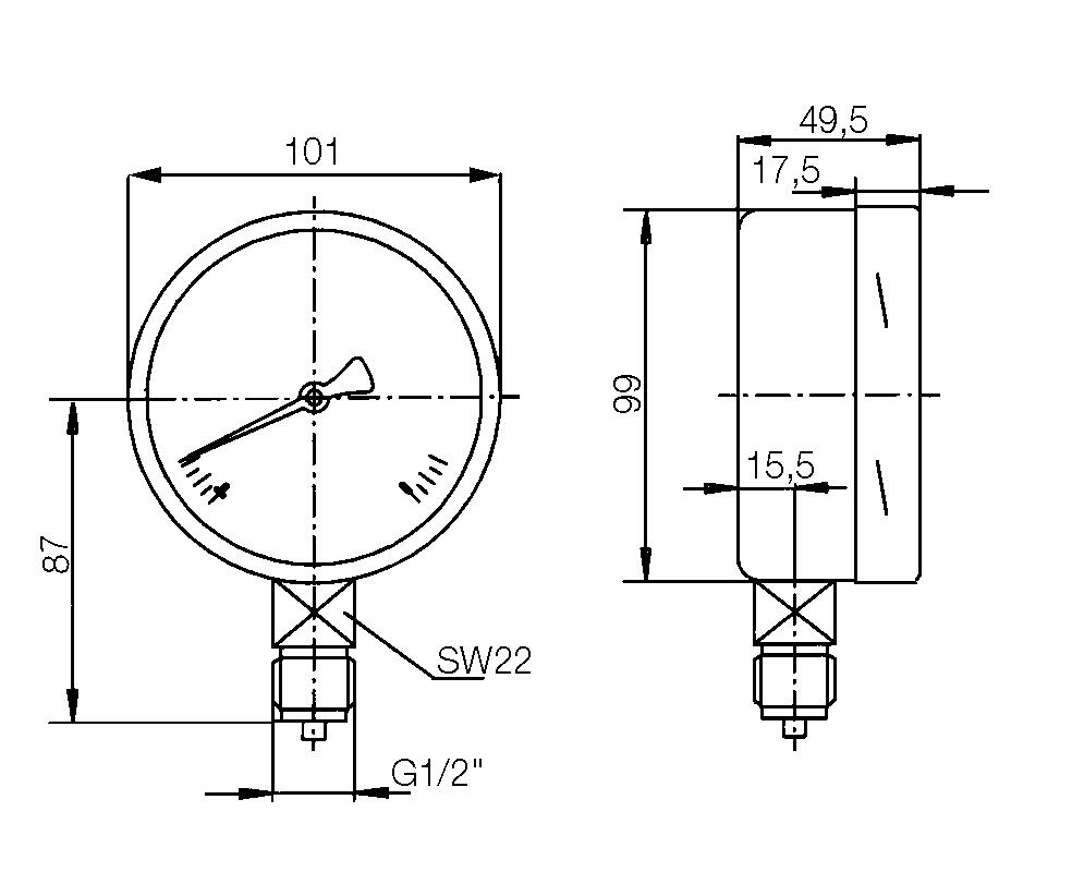 Pressure gauge, for low preassures Ø63 och Ø100 mm. Model 1563
