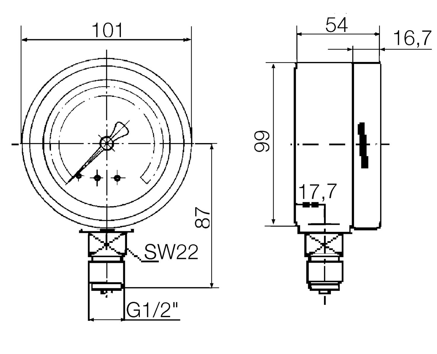 Pressure gauge, industrial design Ø100 mm, glycerin damped. Model 1778