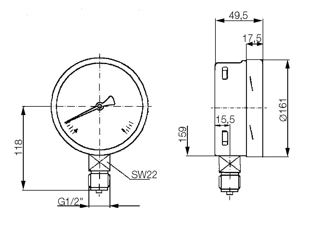 Pressure gauge, industrial design Ø100 mm and Ø160 mm. Model 1536