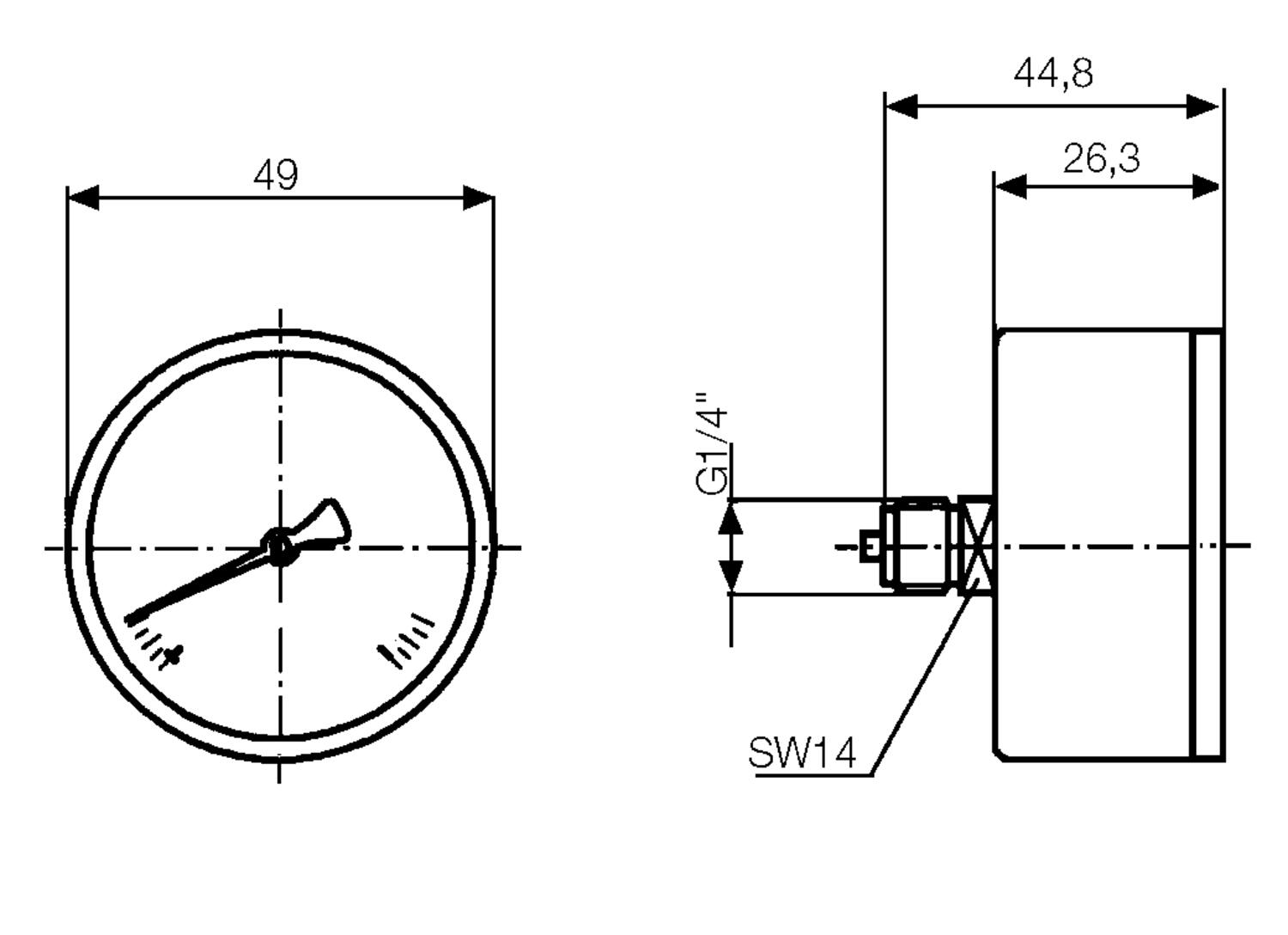 Pressure gauge, standard design Ø50 mm. Model 1425