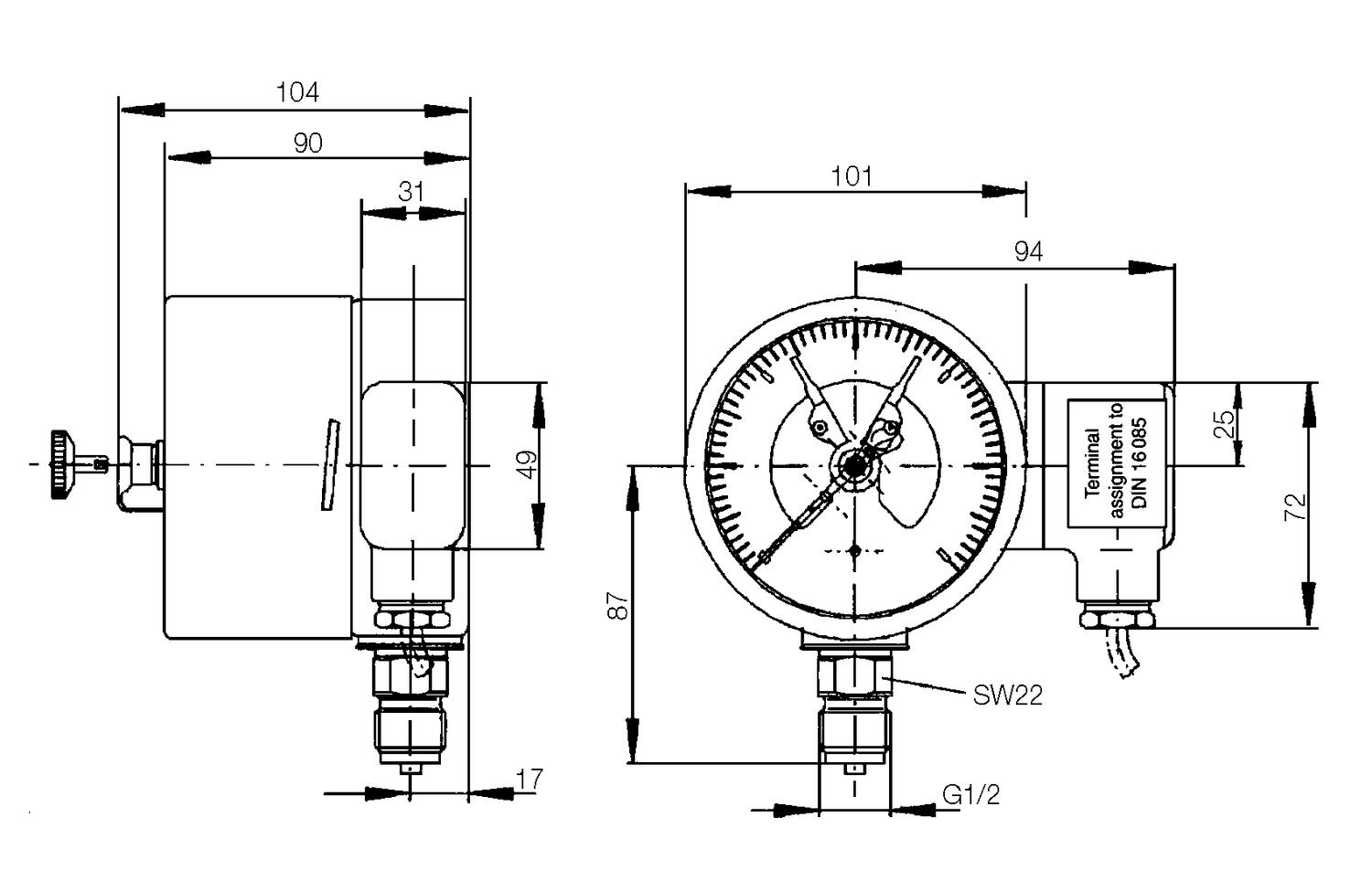 Pressure gauge, with electrical contact, Ø100 mm. Model 1601 size