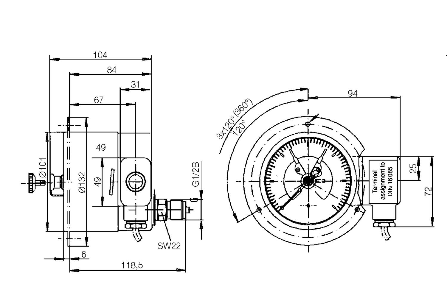 Pressure gauge, with electrical contact, Ø100 mm. Model 1611, size