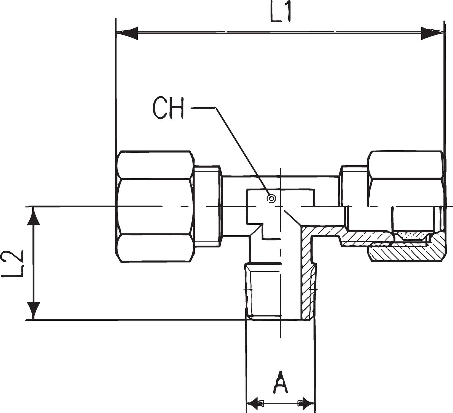T-connection, external conic tap on centre stem